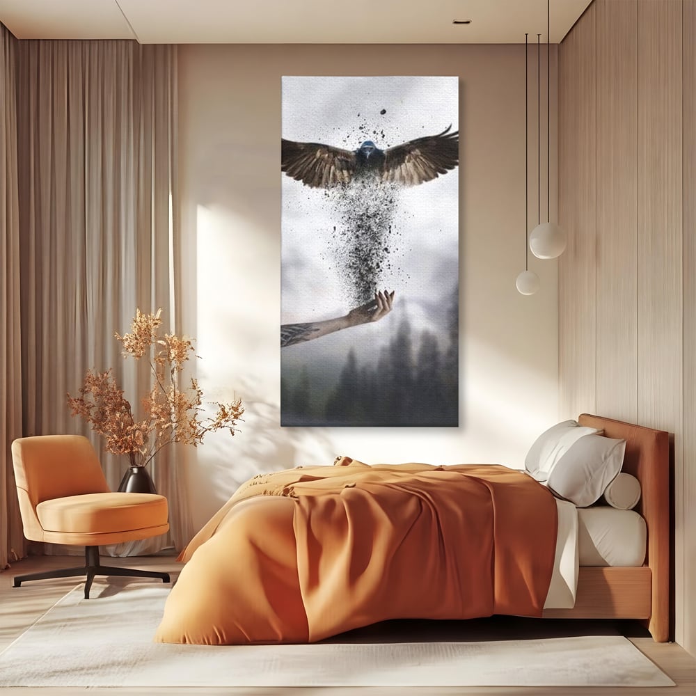 Tablou canvas cu tablou canvas cu pasare si mana din cenusa, fara rama, pe sasiu de lemn, pe perete intr-un dormitor